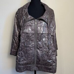 Erin London Women’s Full Zip 3/4‎ Sleeve Crinkle floral, silver metallic Size 1X